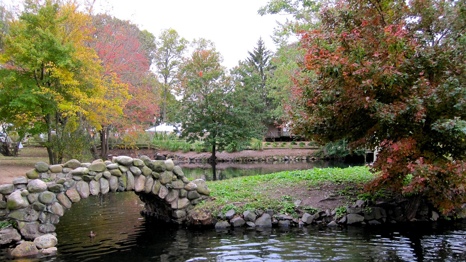 Arched stone bridge over a pond leading to green grass, set in front of colorful trees in Autumn